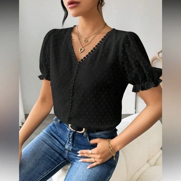 Elegant Burgundy Swiss Dot Puff Sleeve Top - Picture 16 of 16